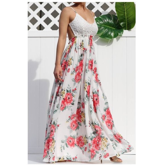 Floral Crochet Lace Open Back Boho Maxi Dress - Picture 2 of 6